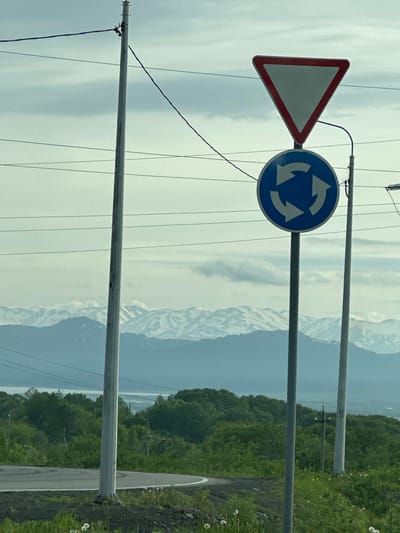 The image depicts a roadside view with traffic signs and a mountainous landscape. In the foreground, two utility poles stand on either side of a paved road that curves to the left. Mounted on the pole on the right are two traffic signs: a triangular "Give Way" sign with a red border and a blue circular sign indicating a roundabout with white arrows depicting circular motion. Overhead, power lines stretch across the frame. The middle ground features a dense green forest. Beyond the forest, a vast, snow-capped mountain range stretches across the horizon, with a body of water visible in the distance. The sky is overcast with clouds. The scene is an outdoor environment, likely a road on the outskirts of a town or city, given the presence of infrastructure and the natural landscape. There are no people or discernible actions taking place. The image appears to be taken during daylight hours. The description does not contain any information that would suggest the location is the city of Svetly, Russia.