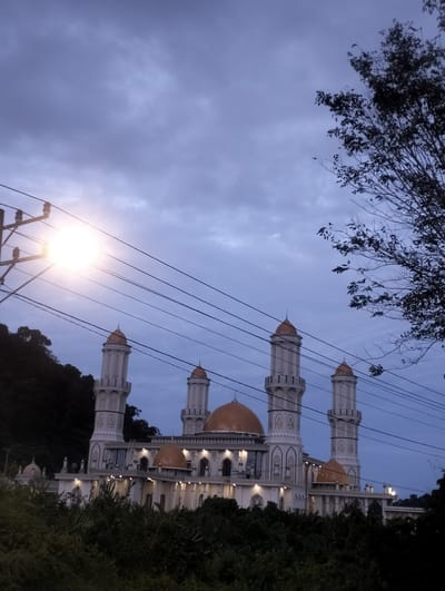 The image captures a mosque in Pantonmakmur, Indonesia, against a cloudy twilight sky. The mosque features multiple domes, the largest of which is golden, and two tall, white minarets with golden conical tops. The building is illuminated, highlighting its architectural details. In the foreground, dense green foliage obscures the lower part of the mosque. Power lines crisscross the frame, and a bright light source, possibly a street lamp, is visible on the left side, casting a glare and obscuring some of the wires. A dark, leafy tree branch extends from the upper right corner into the frame. The overall scene conveys a sense of dusk or early evening in a tropical setting.