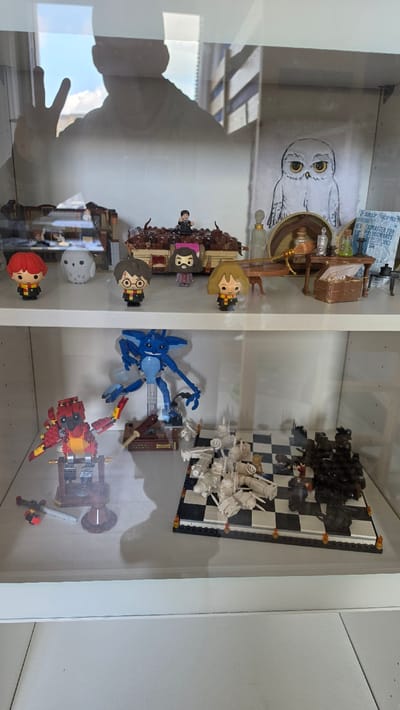 This image captures a brightly lit display cabinet showcasing a collection of brick-built models and figurines, likely taken indoors in Ihringshausen, Germany, during the daytime.
The left section of the cabinet is dedicated to Harry Potter-themed items. On the back panel, a drawing of Hedwig, the white owl, is visible. Arranged below are several Harry Potter characters in a Funko Pop-like or Lego mini-figure style, including Harry, Hermione, and Ron, some seated at a small table. Accompanying these figures are miniature accessories such as a broomstick and potion bottles. A small newspaper clipping displaying the text "DAILY PROPHET" is also part of the setup. Further down on this shelf, additional figures are displayed, including a white, moon-shaped character and a red-haired character.
The right section of the cabinet features a detailed Lego chess set, consistent with the Wizard's Chess from Harry Potter, with numerous white and black pieces arranged on a checkered board. Below the chess set, two larger, intricate robot or mech-like figures are displayed: one in blue hues and another in a striking red and yellow color scheme with gold detailing.
Reflections on the glass front of the cabinet include a human hand making a V-sign (peace sign) and the distinct outline of a window frame with a bright sky, indicating sunny weather. The scene portrays a carefully curated personal collection, suggesting a hobby or enthusiast's display.