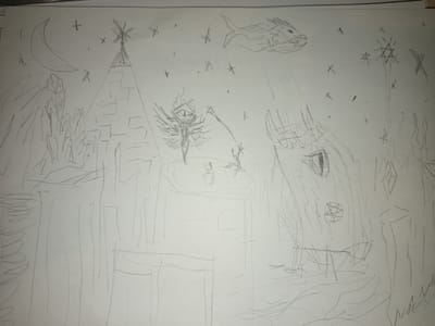 The image depicts a sketch of a fantastical cityscape under a night sky. A crescent moon and scattered stars are visible. Dominating the scene are various buildings, including a castle-like structure with a spire, another tower-like edifice with a pentagram, and a building with crystals. In the center, a table-like structure holds what appears to be a cup or small container, with two figures, one winged, nearby. A fish-like creature floats in the sky above. It is unclear where the city of посёлок 1-го отделения совхоза "Масловский", Russia is located in the drawing.