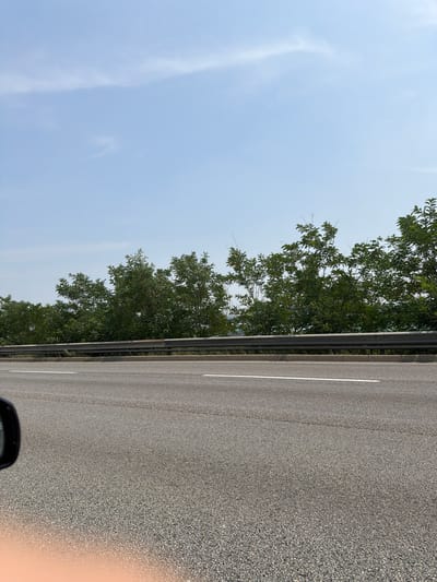 The image depicts a daytime scene on a highway in Anseong-si, South Korea. The foreground shows a stretch of asphalt road with a white line marking a lane. To the left of the road, a black car mirror is partially visible, along with a blurred section of a person's hand. Beyond the road, a metallic guardrail separates the highway from a line of lush green trees. The sky above is a clear, light blue with a few wispy white clouds. The overall environment suggests a typical roadside landscape.
