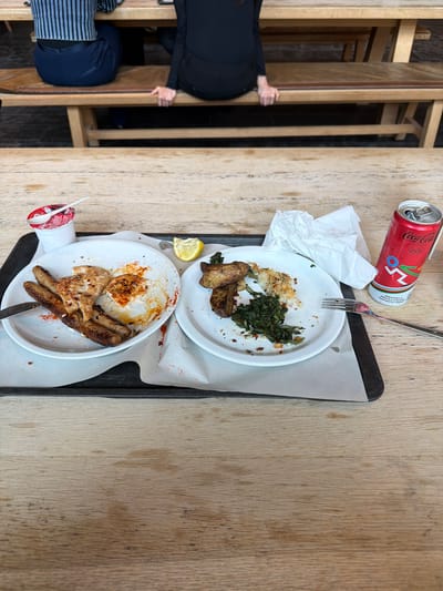 This image, taken in Preara, Italy, captures a casual dining scene, likely after a meal. The main focus is a black serving tray placed on a light wooden table, holding two white plates with food remnants.

The top plate contains leftovers of roasted potatoes and green leafy vegetables, with a silver fork resting on it. The bottom plate holds grilled chicken or meat pieces, sausages, and a lemon wedge, with a silver knife. Both plates show traces of red spices, and the tray is lined with white paper.

A red Coca-Cola can, featuring the "Coca-Cola" logo and the Olympic rings emblem, lies above the top plate. Partially visible text on the can reads, "INNOVADORA E FANTASTICA PER GLI AMANTI...", indicating a special Olympic edition. A crumpled white paper napkin is next to the can. Below the bottom plate, a white cup with a red base and a small white spoon, possibly containing dessert, is visible.

On the left side of the frame, two individuals are partially visible, seated at wooden tables or structures. One person is wearing a black top, with their hands resting on a wooden frame. Below them, another person is wearing a navy blue top with horizontal light blue stripes. The scene suggests a relaxed atmosphere in a dining area.