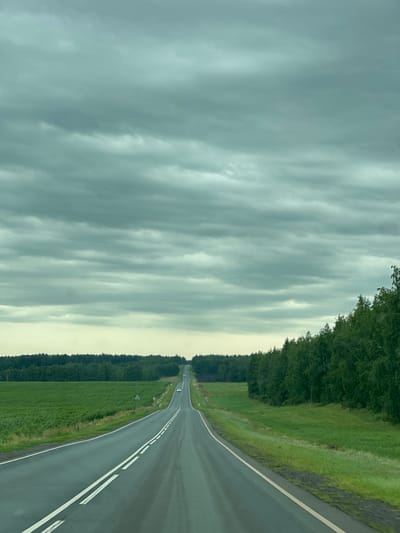 The image shows a road stretching into the distance, lined by green fields and trees under a cloudy sky. The road is paved and has white lines marking the lanes. Two cars are visible in the distance, traveling on the road. The fields appear to be agricultural, with rows of crops. A dense line of trees, primarily deciduous, borders the road on the right side, and extends to the horizon on the left. The sky is overcast with layers of grey clouds. This scene depicts a rural landscape, likely in the vicinity of Yusupovo, Russia, given the context.