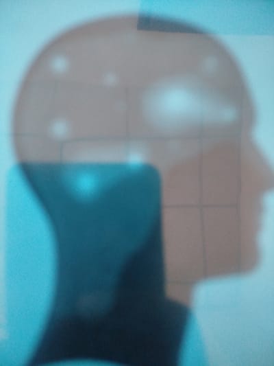 The scene, located in Keekonyokie ward, Kenya, depicts an abstract, soft-focused composition dominated by a translucent, brownish-grey human head silhouette in profile, facing right. A faint grid pattern is visible across the head silhouette. Overlapping the left side of the silhouette is a vertically oriented, dark teal rectangular object, consistent with a smartphone. Multiple bright, circular reflections are present on the surface of the rectangular object and within the head silhouette, particularly on the upper cranium and forehead. The background is a diffused light blue. No direct human action or interaction is discernable, suggesting a photographic effect such as a double exposure, reflection, or projection.