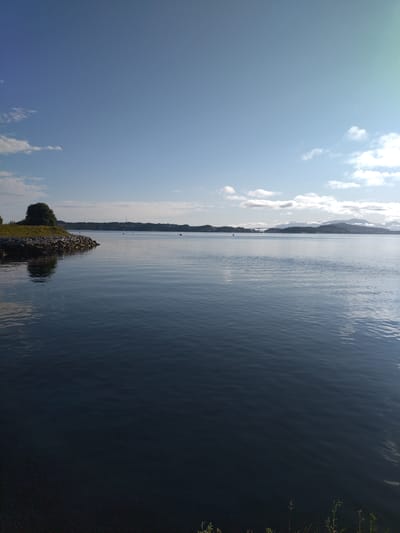 A wide, still body of water dominates the foreground and midground of this outdoor photograph, reflecting the clear blue sky and scattered white clouds. The water's surface is mostly calm with gentle ripples.
In the upper left quadrant, a rocky shoreline juts out into the water. A lone, dark green tree stands on the grassy bank behind the rocks. The shoreline extends horizontally across the midground, separating the water from a distant landmass.
On this distant landmass, a low, undulating horizon is visible, with a few buildings and a prominent radio tower. Further in the distance, hazy mountains rise, partially obscured by clouds. Several small boats are scattered across the water in the midground, and a bridge can be seen spanning the water in the far distance.
The overall lighting suggests it is daytime, likely morning or afternoon, with the sun positioned somewhere in the upper right of the frame, casting a subtle lens flare. The image appears to depict a serene, natural landscape in the vicinity of Bremsnes, Norway, likely a coastal or fjord area. There are no people or animals visible in the scene.