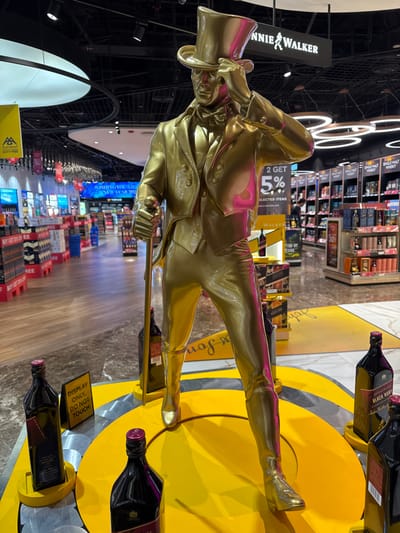 A golden statue of the Johnnie Walker striding man stands in an airport duty-free shop. The figure wears a top hat and carries a cane. Johnnie Walker Black Label bottles are displayed on a yellow circular stand around the statue. Signs caution "Display Only, Do Not Touch." Aisles of liquor and other products stretch into the background under bright, modern lighting. The "Johnnie Walker" brand name is prominent on nearby signage. A promotion advertises "2 GET 5% OFF SELECTED ITEMS."