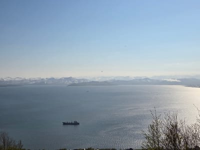 The image depicts a wide-angle view of a bay or body of water with a distant, snow-capped mountain range in the background. The water is calm with a rippled surface reflecting the sunlight. A dark-colored ship, appearing to be a cargo vessel or a smaller naval ship, is visible in the middle ground, to the left of the frame. The sky is clear and pale blue, with a few faint white clouds near the horizon. In the foreground, there are some bare tree branches and sparse greenery, suggesting it might be spring or early summer. The setting appears to be a scenic coastal area, likely overlooking the bay near the city of Krutoberegovy, Russia, known for its natural beauty and proximity to the sea. There are no visible people or discernible actions taking place in the scene.