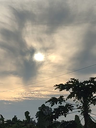 The image shows a sky with clouds and the sun. In the foreground, there is a tree with dark green leaves and some other vegetation. A thin wire stretches diagonally across the upper right portion of the image. The scene is located in Pantonrayeuk Satu, Indonesia.