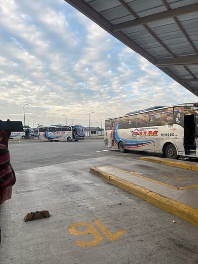 The image depicts the bus terminal located in Milagro, Ecuador, under a sky with scattered altocumulus clouds. The foreground features a concrete pavement marked with a large yellow number "16" in the lower right, and a dark-colored wheel chock resting on the ground. A raised concrete platform with yellow-painted curbs is positioned to the right of the number.

On the right side, a white, blue, and red interprovincial passenger bus, emblazoned with "TUM" (Transporte Unión Milagreña) and "INTRAPROVINCIAL," is parked at a bay. The bus displays Mercedes Benz and Adidas logos on its side, and its front passenger door is open. In the midground, several other large "TUM" buses with similar color schemes are visible, parked further back on the concrete lot. One bus distinctly shows "TUM 26" on its side.

In the far-left foreground, a partial view of a person's back, shoulder, and arm is visible. This individual is holding a black smartphone horizontally, pointed towards the scene. They are wearing a striped garment, possibly brown and cream. Overhead, a large metal roof structure extends into the upper right portion of the frame, providing shelter. Multiple streetlights are visible in the background, along with low-rise buildings comprising part of the terminal infrastructure.