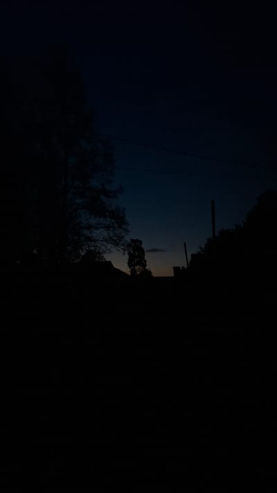 The image depicts a night scene in Шешурга, Russia. The left portion of the image shows a dark blue sky with faint stars and silhouetted trees and power lines. The right portion is predominantly black, obscuring details, although a building's silhouette and a tree are discernible. The image is rotated to the left.