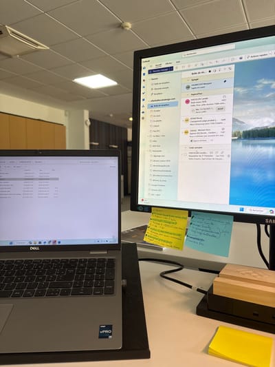 This image depicts a desk setup in an office environment located in Lièpvre, France. The scene focuses on a workspace featuring a silver-grey Dell laptop and a black Samsung external monitor.

The Dell laptop, bearing an "Intel vPro i7" sticker, rests on a black cooling pad/stand. Its screen displays a file explorer window with "INFLUENCE" visible in the search bar, showing a list of files and folders. The keyboard is partially visible.

To the right, the black-bezel Samsung monitor displays the Microsoft Outlook email client interface, showing an inbox with several emails from senders like "HAUGELEN Camille" and "ADAM Nuray." The background of the Outlook window features a scenic image of a lake and mountains. Two sticky notes are affixed to the lower-left edge of this monitor: a yellow one with handwritten notes in French, mentioning "Influence," "Release," and dates (e.g., "13/09/23"); and a blue one, also with handwritten French notes, listing "Dossiers," "Manager Family," and "Premier Pro."

A black cable connects the laptop to a black stand positioned beneath the external monitor. To the right of the monitor stand, a light-colored wooden box-like object with an engraved top sits on the desk. Further to the right, a stack of yellow sticky notes is visible.

The background shows a typical office interior with a white acoustic tile ceiling featuring recessed square fluorescent light fixtures, one of which is illuminated directly above the desk. A white smoke detector is visible on the ceiling. Out-of-focus office furniture, including what appears to be wooden cabinets or shelving, is visible in the distance to the left, contributing to the office setting. No individuals are present in the image.
