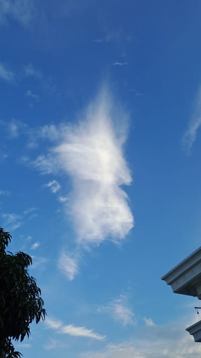 The image displays a clear blue sky with scattered wispy clouds. A prominent cloud formation in the center of the frame is elongated and appears to have a vaguely human profile, with a distinct nose and chin. To the left, the dark green foliage of a tree is visible, its leaves dense and detailed. In the lower right corner, the white architectural element of a building's eaves is present, featuring decorative molding and a subtle shadow. The scene is set against the backdrop of Lhokawe Teungoh, Indonesia, though no specific landmarks or inhabitants are identifiable in this particular shot.