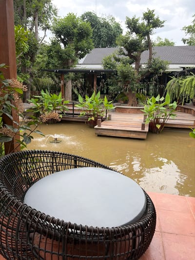 The image depicts an outdoor seating area next to a pond with a small fountain. In the foreground, a dark rattan chair with a light gray cushion is positioned on a reddish-brown tiled surface. Behind the chair, a murky brown pond is visible, with lush green plants growing around its edges and on wooden platforms extending into the water. A small fountain is actively spraying water in the center of the pond. In the background, a building with a dark gray roof is nestled amongst dense foliage and trees. The scene appears to be a tranquil outdoor setting, possibly a cafe or resort in Mae Rim, Thailand, given the tropical vegetation and architectural style.