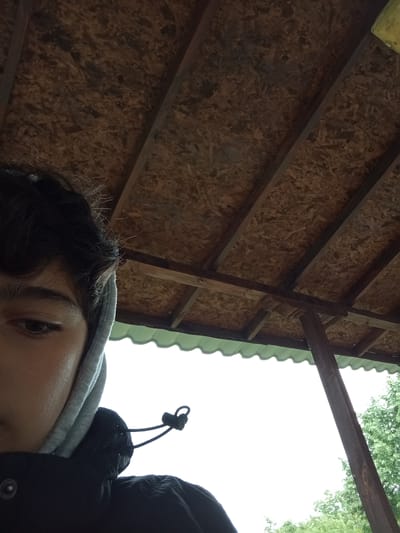 A person is positioned in the lower left of the frame, with their head and shoulder visible. They are wearing a gray hoodie under a dark jacket. Above them is a roof structure constructed of wood, with the roofing material appearing to be some kind of paneling. Outside of the roof, there is bright daylight, and a hint of green foliage suggests trees or bushes. It is difficult to assess the location without more information. The city of Malko Chochoveni, Bulgaria is not evident from the image.