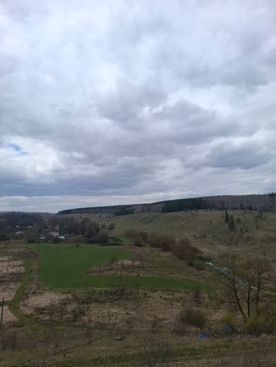 The image, viewed upright, captures a vast rural landscape under an overcast sky in Yablonovo, Russia. The upper portion of the frame is dominated by a cloudy sky, featuring a mixture of light grey and white clouds, with occasional glimpses of pale blue sky peering through, particularly towards the lower right of the sky area.

The landscape below is characterized by rolling terrain and fields. In the far distance, a dense line of dark evergreen forest stretches along the horizon, marking a distant ridge or hill. Below this, the land slopes downwards, transitioning into a mix of dry, brownish-yellow fields and distinct patches of bright green grass, indicative of early spring growth.

A narrow, winding stream or small river cuts through the mid-ground, its banks lined with some bare trees and denser shrubbery. Near this water body, a bright blue tarp or piece of fabric is visible on the ground. Several utility poles with wires run across the landscape, providing a sense of scale and human infrastructure within the natural setting. Scattered among the trees in the mid-ground, a few small buildings, possibly houses, suggest a small rural settlement. The overall scene appears unpopulated, with no human activity taking place.

The time of day is daytime, but the heavy cloud cover gives a soft, diffused light, suggesting cool or mild weather. The mix of bare trees and new green growth points to either late winter or early spring. There is no visible text in the image.