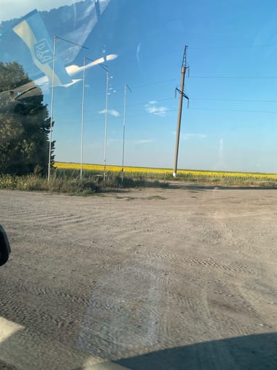 The image depicts a field of sunflowers under a clear blue sky, with a power line pole in the foreground and a dirt road. The reflection of a Ukrainian flag with a trident emblem is visible on a surface, likely a window. Several tall poles, possibly flagpoles, are also present, and a sliver of a tree line is on the left. The overall scene suggests a rural setting in Ukraine, possibly near the town of Maiske.