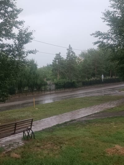 The image depicts an outdoor scene on an overcast day, likely during rainfall, in the city of Lisakovsk, Kazakhstan. In the foreground, a wooden park bench with a dark metal frame is situated on a paved walkway. The bench faces to the left of the frame, and its surface appears wet. Adjacent to the walkway is a patch of green grass.
A paved road runs horizontally across the midground, and it is also wet and shows signs of rain. A yellow pole with a white circular base is visible on the side of the road. Beyond the road, a dark metal fence with vertical bars and ornate gates lines the property. Behind the fence, a row of trees, including both deciduous and coniferous varieties, forms a dense line. In the distance, more trees and a hint of buildings can be seen under the hazy sky. The overall atmosphere is subdued due to the weather conditions.