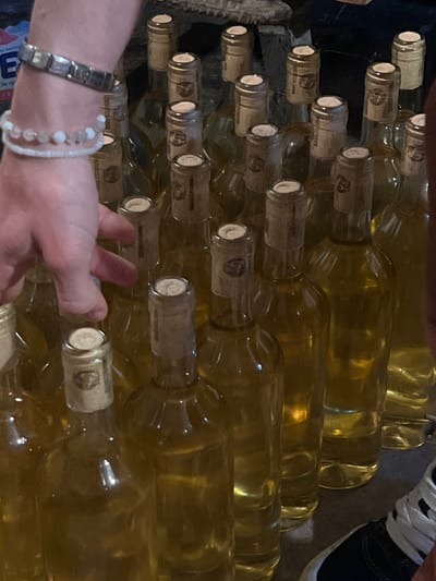 The scene depicts a collection of approximately two dozen clear glass bottles, each filled with a translucent, light amber liquid, likely a spirit or wine, in the city of Zdravets, Bulgaria. All visible bottles are sealed with corks and topped with light beige or brown foil capsules, some bearing indistinct markings. A light-skinned human hand, positioned in the upper left of the frame, is reaching downwards towards the bottles. The wrist of this hand is adorned with a silver-toned, rectangular-linked bracelet and two strands of white beaded bracelets. The bottles are arranged densely on an unseen flat surface, with a dark, indistinct background. A portion of a black shoe with white laces or trim is visible in the lower right corner.