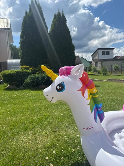 In Astrashitskagaradokski rural council, Belarus, a white inflatable unicorn pool float, branded with "INTEX", rests on a green lawn dotted with white clover flowers. The float features a rainbow-colored mane and tail, a yellow horn, and large blue eyes. In the background, two tall evergreen trees stand prominently, with a house and a greenhouse visible to the left. Further back, other houses and a fence line the property under a partly cloudy blue sky. The scene is brightly lit by sunlight, casting shadows on the grass.