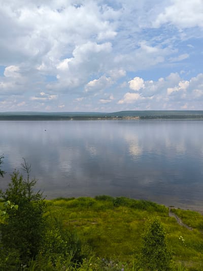 The image depicts a wide, calm river with a reflective surface, likely the Angara River in Boguchany, Russia. The sky above is filled with scattered white and grey clouds against a pale blue backdrop. A distant, treed shoreline with a small settlement is visible across the water. The foreground features a grassy embankment with various green shrubs and vegetation, including a prominent birch tree on the left. The overall scene is a serene natural landscape under an overcast sky.