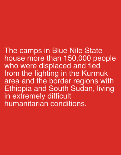 This is a digital image with a solid red background. White text is overlaid on the lower half of the image, creating a stark contrast. The text describes a humanitarian situation in Blue Nile State, Sudan. It states that the camps house over 150,000 displaced people who fled fighting in the Kurmuk area and border regions with Ethiopia and South Sudan. These individuals are living in extremely difficult humanitarian conditions. The image does not depict any people, objects, or specific scenes, and there are no discernible location cues beyond the mention of Blue Nile State and the surrounding areas in the text. The time of day, weather, and emotions are not indicated. The text itself is the sole subject of the image.
