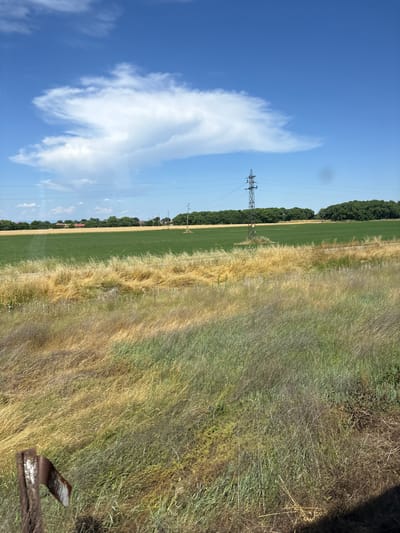 The image depicts a rural landscape under a bright blue sky with scattered white clouds. In the foreground, there is overgrown dry grass and a weathered wooden post with a rusted metal piece attached. Beyond this, a field of green crops stretches into the distance, bordered by a line of trees. A tall, dark electrical pylon stands in the middle ground, with power lines extending horizontally across the scene. In the far distance, buildings and more trees are visible. The scene is likely located in or near Voysil, Bulgaria, given the characteristic agricultural landscape and the presence of such infrastructure.