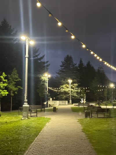 The image depicts a dimly lit park or garden scene at night. A string of lights hangs overhead, creating a festive ambiance. Several trees and foliage are visible in the background. Streetlights illuminate a pathway lined with benches. The pathway is paved with brick. The location is likely Komgaron, Russia, based on the prompt. There are no visible people or interactions in the image. The overall environment is tranquil and urban.