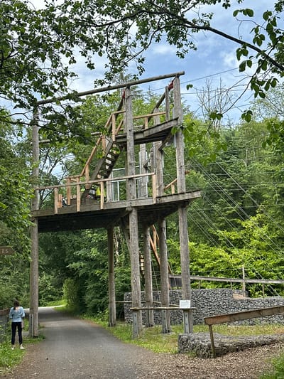 This image captures a zip-line course at Castlecomer Discovery Park in County Kilkenny, Ireland. The main subject is a tall, multi-level wooden platform with stairs and railings, designed as a starting point for the zip lines. Several people, possibly participants in the activity, are visible on the platform, some wearing helmets. The structure is set within a lush, green forest with a paved path leading up to it. The path is bordered by trees and vegetation, and a signpost is visible to the left. In the background, more trees and wires for the zip line course are apparent, along with a gabion wall constructed from stones. The sky above is partly cloudy. The scene depicts an outdoor recreational activity area within a natural environment.