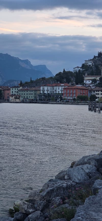 This image depicts a waterfront view of the town of Torbole, Italy, located on the shores of Lake Garda. The foreground features a rocky shoreline with scattered greenery and small pink flowers. Beyond the shore lies the calm, rippling water of the lake, reflecting the overcast sky. In the middle ground, a line of multi-story buildings with colorful facades—ranging from pale green and yellow to orange and white—forms the town's waterfront. These buildings appear to be a mix of residential and commercial structures, with visible windows and balconies. Further in the background, steep, rugged mountains rise, their peaks softened by the hazy, twilight atmosphere and overlaid with layers of dark, diffused clouds. A few scattered trees are visible on the slopes. The overall scene is characterized by muted colors and a serene, slightly melancholic ambiance, suggesting it was captured during dusk or early morning. There are no people visible in the image. Two ducks are visible swimming in the lake.
