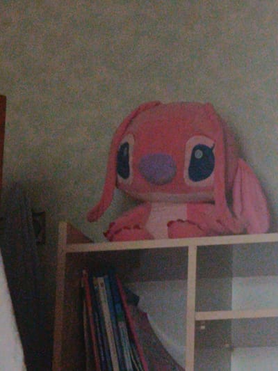 A pink, plush toy with large blue eyes and purple cheeks sits on a white shelf. The toy is a character, possibly from a cartoon. The shelf is made of wood and has books stacked vertically on the left side. The background is a light green wall with a grainy texture. The image is blurry and appears to be taken from a distance. No specific location in Sumgayit, Azerbaijan, is discernible from the image.