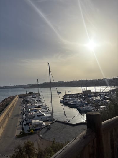 This is a high-angle, eye-level, full shot of a marina in Urbanización Cabo Roig, Spain, on a bright, sunny day. The sky is mostly clear with some wispy clouds, and the sun is high in the sky, creating a strong glare. A long, concrete pier juts out into the calm water, lined with numerous docked boats of various sizes, primarily white yachts and sailboats. The boats are neatly arranged, reflecting in the water. Beyond the marina, a town with buildings and vegetation is visible on a distant hillside overlooking the sea. The foreground features a weathered wooden railing, suggesting a viewpoint or walkway above the marina. There are no people visible in the scene. The environment is a coastal area with maritime activity.