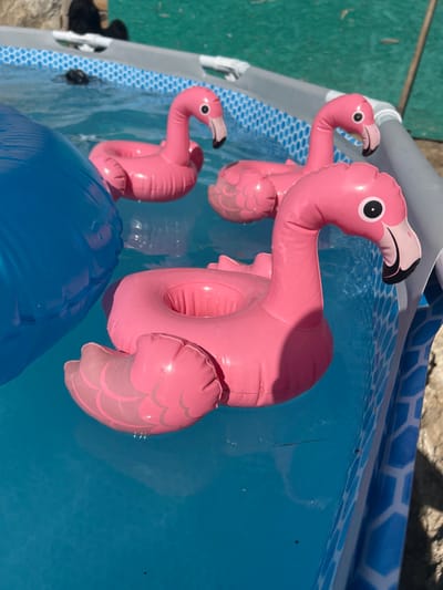 In Velyka Berezovytsia, Ukraine, an outdoor scene captures three inflatable pink flamingo pool floats floating in a bright blue kiddie pool. The pool has a white and blue hexagonal pattern on its inner wall. One flamingo, in the foreground and closest to the viewer, is positioned to the right and center, with its neck curved and its beak facing right. To the left of this flamingo, and slightly behind it, is a large, partially visible blue inflatable object, likely another pool float. Behind these two, and further back in the pool, are two more flamingo floats. The water is clear and reflects the sunlight. The edge of the pool is visible, as is the surrounding ground, which appears to be a mix of dirt and possibly stone. A dark, indistinct object is partially submerged in the water in the upper left quadrant of the image.