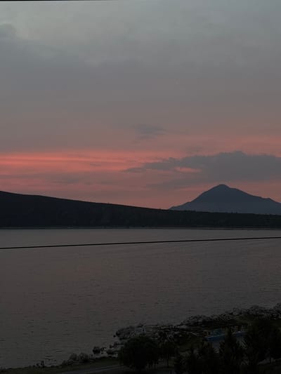 The image shows a view of Alchichica Lake in Mexico at sunset. The sky is filled with pink and grey clouds. A dark, forested mountain runs vertically along the left side of the image, separating the sky from the lake. The lake fills the right side of the image, its surface reflecting the colors of the sky. A shoreline with rocks and vegetation is visible along the right edge of the lake. A building with text on the front can be seen.