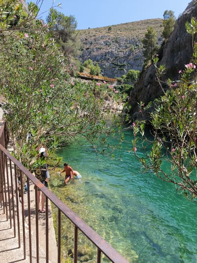This image shows a natural pool with clear, turquoise water, likely located in the Pou Clar natural park in Ontinyent, Spain. The foreground features a rust-colored metal railing and a paved walkway. Lush green foliage with pink flowers, possibly oleander, frames the scene, with branches extending over the water. In the water, two individuals are visible. One person, appearing to be a young male, is standing and holding a white object. Another person, also a young male, is partially submerged in the water. The background reveals a rugged, rocky hillside with scattered trees and a clear blue sky. A wooden bridge or walkway is visible in the mid-ground, spanning across the terrain. The sunlight creates shimmering patterns on the surface of the water and the rocky bottom is visible through the clear depths.