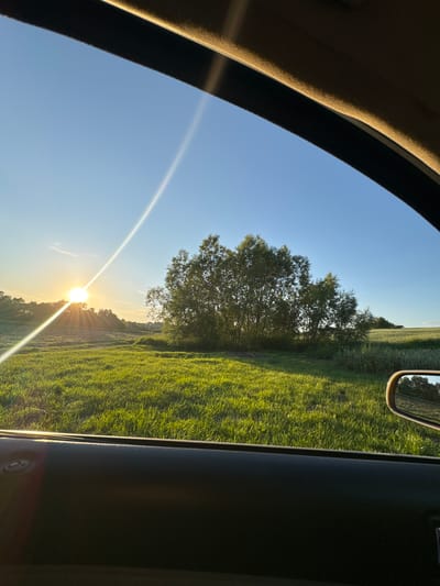 The image shows a rural landscape viewed from inside a vehicle. The sun is setting or rising on the left side of the frame, casting long rays of light across a green field. A cluster of trees is visible in the middle ground, and a further line of trees is seen in the distance. The sky is clear and blue, with a few wispy clouds. A car's interior, including part of the door and roof liner, frames the scene. A side-view mirror is visible on the right, reflecting the landscape. The location is specified as Tovstoluh, Ukraine.