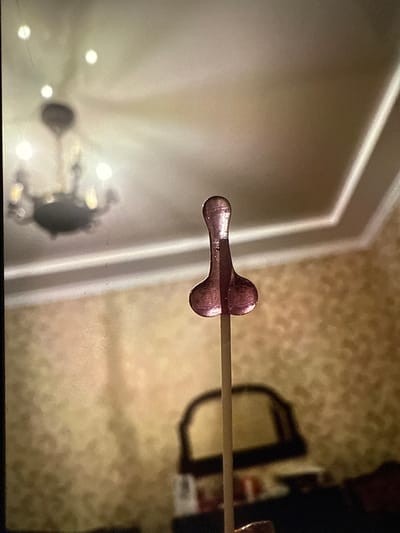 The image shows a close-up of a thin stick with a small, bone-shaped object attached to its end. The object is a dark reddish-purple color and appears to be made of a glossy material, possibly candy or a similar edible item. It has a rounded shape with two bulbous ends and a narrower connecting piece. The stick is thin and light brown, extending out of the frame to the right.
The background is out of focus but suggests an indoor setting. To the left, a large, bright area with soft lighting and vertical lines could be a wall or a large piece of furniture. There are also blurry lights that resemble a chandelier, indicating a room with decorative lighting. The background to the right has a textured pattern, possibly wallpaper or fabric, in muted beige tones. Part of a dark silhouette, possibly a person or furniture, is visible on the far right.
The overall impression is that of an object presented or captured for examination. There are no visible people clearly depicted, nor is there any indication of weather or time of day. The focus is entirely on the bone-shaped object and the stick. No text is visible in the image. Given the location context of Denver, United States, the setting is likely a home or a commercial establishment within the city.