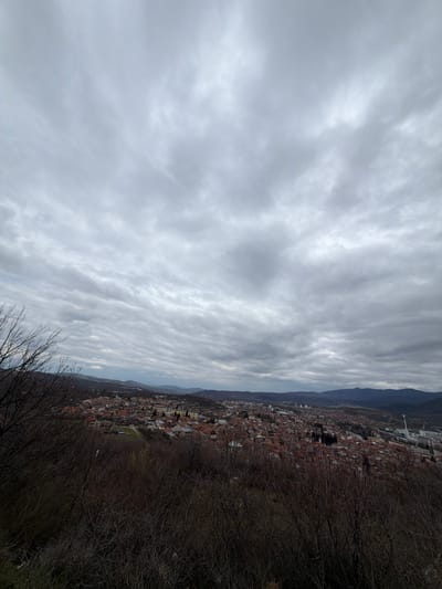An elevated panoramic view captures the city of Sveti Konstantin, Bulgaria, under a uniformly overcast sky. The sky is dominated by dense, layered grey clouds extending across the entire upper half of the image. The immediate foreground shows a dark, barren hillside slope, densely populated with leafless trees and shrubs, indicative of late autumn or winter. Below this vegetation, the urban area of Sveti Konstantin spreads out, characterized by numerous buildings with predominant reddish-orange tiled roofs. Scattered throughout the city are various trees, some appearing as dark green conifers and others as bare deciduous species. In the mid-ground, a few taller, multi-story structures are discernible within the urban sprawl. The background features a series of distant, dark blue-grey rolling hills and mountains extending to the horizon. No individuals or specific activities are visible within the frame.