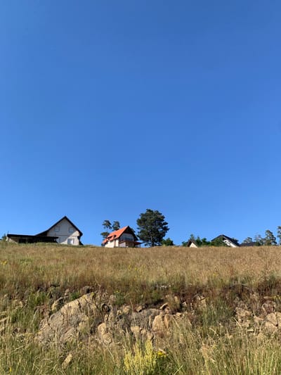 The image shows a hillside with several houses and trees against a clear blue sky. The scene is oriented vertically. The hillside is covered in dry grass and rocks, suggesting a rural or semi-rural location. Several houses are visible, nestled among the trees and on the slope of the hill. One house has a prominent red roof and is partially obscured by trees. Another house, white with dark trim, is situated further down the slope. The time of day appears to be sunny and bright, with a clear sky indicating fair weather. The location cues, such as the vegetation and architecture, are consistent with a European setting, specifically the Cajetina Municipality in Serbia. There is no discernible activity or event taking place; the image captures a static landscape. There is no visible text in the image.