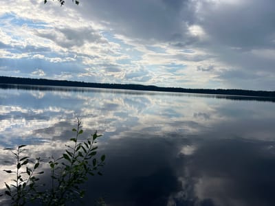 The image shows a body of water with reflections of a cloudy sky. In the foreground, on the left side of the image, there are some green branches with leaves. The far shore of the water is lined with a dark silhouette of trees. The sky is filled with a mix of light and dark clouds, with sunlight breaking through in some areas, casting rays onto the water. The water itself is dark and reflects the sky and the treeline. The scene appears to be a natural landscape, likely a lake or a wide river, in an undeveloped area. The provided information suggests the location is within the Дражнаўскі сельскі Савет in Belarus. There are no people or animals visible in the image, nor any specific actions or interactions taking place. The environment is serene and dominated by the elements of nature.