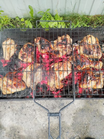 The image shows chicken pieces grilling on a black metal rack over hot, red coals. The chicken pieces are browned and appear to be cooked, with some char marks. The grill is placed on a concrete surface, and in the background, there is green vegetation and a light-colored wall. This scene is set in Urkovo, Russia.