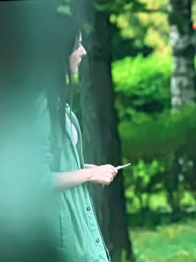 The image depicts a person in a green jacket, seen in profile, holding a small white object in their hand. They are standing outdoors, with a blurry background of green foliage, suggesting a park or natural setting. The lighting is soft and diffused, and the overall image has a slightly grainy texture. The specific location in the city of Dondușeni, Moldova, cannot be determined from the visual information provided in the image.