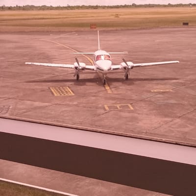 An aerial shot displays a small, white twin-engine aircraft positioned on a concrete tarmac. The plane's wings and propellers are clearly visible. The tarmac is marked with yellow lines and symbols. To the left, a grassy area stretches along the edge of the concrete. A thick, dark-colored object runs vertically on the right side of the image, partly obstructing the view of the runway.