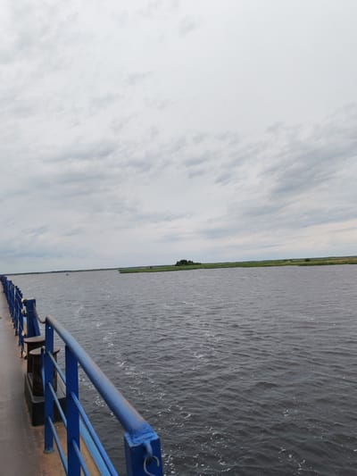 This image depicts a wide, calm body of water, likely a river or a lake, under an overcast sky. In the foreground, a blue metal railing extends along a pier or a walkway. The railing is composed of vertical posts and horizontal bars, with a thick blue top rail. Mooring bollards are visible behind the railing on the walkway, suggesting this is a place where boats might dock. The water's surface is dark and rippled, with small white foam patches, indicating gentle movement.
In the middle distance, the water stretches to a distant shoreline. The shoreline is lined with lush green reeds and vegetation, interspersed with a few trees. A small, dark green island with trees is visible further out in the water on the left side of the frame. On the right side, the shoreline appears flat and extensive, with more reeds and some scattered trees.
The sky is filled with thick, grey clouds, characteristic of an overcast or partly cloudy day. The lighting is diffused, creating a subdued atmosphere. There are no people visible in the image. The scene appears to be a natural landscape viewed from a man-made structure, likely in the daytime, given the amount of light. The location is identified as Bereg, Russia. The overall mood is one of tranquility and natural beauty, with a hint of industrial presence from the pier railing.