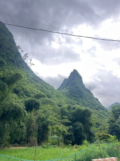A majestic, cloud-covered sky looms over lush, verdant mountains in Cán Tỷ Commune, Vietnam. The mountains are densely covered with trees, with the left side of the image dominated by a steep, tree-covered slope. To the right, a distinct, pointed mountain peak rises sharply. Two dark power lines stretch horizontally across the upper portion of the frame, bisecting the sky. In the foreground, a vibrant green field of grass stretches across the bottom of the image, bordered by a thin, green mesh fence in places. A cluster of bamboo trees can be seen to the left of the foreground field, with a muddy river flowing behind them. The scene is natural and mountainous, with signs of human infrastructure in the form of the power lines and the fence.
