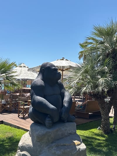 A statue of a gorilla is positioned in the foreground, seated on a large rock. Behind the gorilla, a thatched-roof structure is visible, possibly a beach bar or restaurant, with wooden decking and outdoor seating. Palm trees are scattered throughout the scene, suggesting a warm, tropical or Mediterranean climate. The sky is clear and blue, indicating fair weather and likely daytime. A person can be seen in the background near the thatched structure, contributing to the sense of an outdoor leisure setting. The image appears to be taken in Asprovalta, Greece, given the location context.