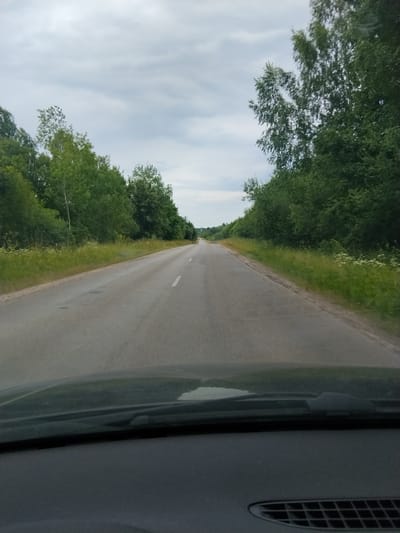 The image depicts a view from inside a car, looking out at a paved road that winds through a landscape of lush green trees and vegetation. The road has a broken white line marking the center, suggesting it is a two-lane road. The sky above is overcast with a cloudy, grey hue, indicating a cloudy or perhaps impending rainy day. Tall trees line both sides of the road, with some appearing to be birch trees due to their slender trunks and foliage. The foreground shows the car's dashboard and windshield, with what appear to be windshield wipers visible. The scene suggests a quiet, rural drive in Latvia, likely during the daytime given the natural light. There are no people or specific objects of interest visible besides the natural scenery and the road itself. The overall mood is serene and perhaps a little somber due to the cloudy sky.