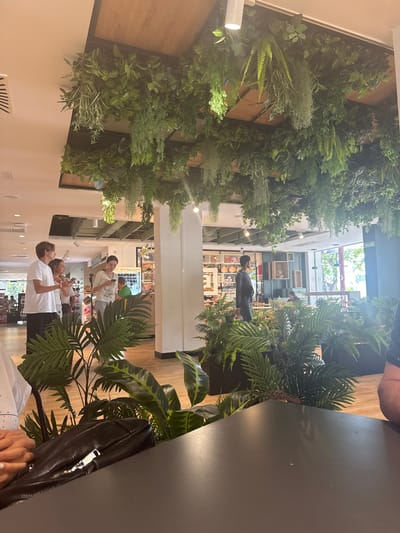 This image captures an interior scene, likely a cafe or shop, adorned with an abundance of artificial greenery hanging from the ceiling and arranged in planters throughout the space. The lighting appears to be a mix of ambient and artificial, with spotlights visible on the ceiling.
In the foreground, a dark-colored table dominates the bottom of the frame, with a glimpse of a black leather bag resting on its surface. To the left, the hands of an individual wearing a white shirt with a subtle pattern are visible, resting on the table.
Further into the scene, several people are visible. On the left, three individuals, two males and one female, stand together, all looking at their phones. They are dressed casually in t-shirts and trousers. To their right, a woman in a white t-shirt and striped trousers is also engaged with her phone. In the background, a man in a dark grey long-sleeved shirt stands facing away from the camera. Further back, another person in a green shirt is partially visible behind a counter. The environment suggests a commercial setting, with shelves stocked with items visible in the background, and a sign that reads "SALIDA" (exit) with an arrow pointing to the right.
The overall impression is a modern, nature-inspired indoor space. The specific location in La Roda de Andalucía, Spain, is not directly indicated by any visual cues within the image itself.