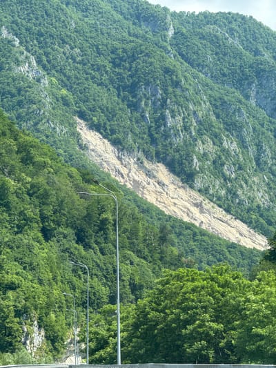 The image depicts a steep, forested mountainside with a prominent landslide scar. The landslide appears to be a recent event, characterized by a large area of exposed rock and debris cutting across the vegetation. Several streetlights are visible in the foreground, suggesting the presence of a road or infrastructure near the base of the mountain. The vegetation on the mountain is lush and green, indicating a temperate climate. The sky is overcast with some bright areas. The location is identified as the city of Monastyr, Russia.
