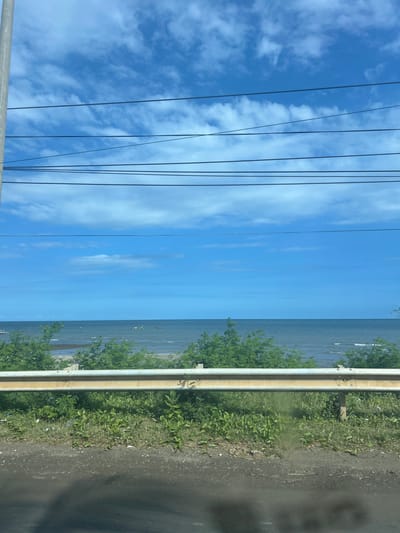 The image depicts a coastal scene with a clear blue sky populated by scattered white clouds. Several power lines are strung across the sky, supported by a vertical pole visible on the left side of the frame. In the middle ground, the ocean stretches out, with a few small boats visible on the water. A line of green vegetation, including bushes and small trees, runs along the shoreline. In the foreground, a weathered yellow guardrail separates the vegetation from a dark asphalt surface, likely a road. The environment appears to be dry with sparse green grass and some scattered debris near the guardrail. This scene is located in Borongloe, Indonesia.