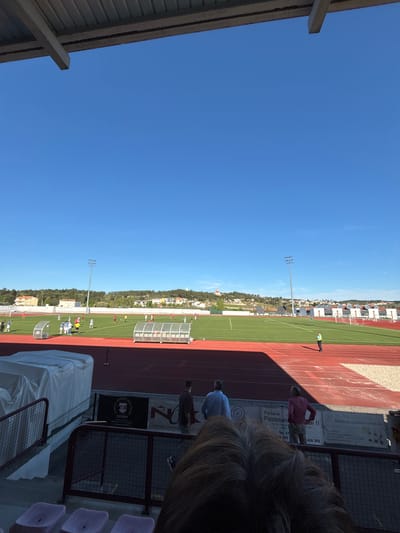 The image, taken from a stadium or grandstand, presents a sports field, presumably a soccer field, during what appears to be a game or training session. On the right side, spectators are visible, including the back of a person's head in the foreground. Advertisements are displayed on the side of the stadium.
The field is marked with white lines, indicating boundaries and zones. Figures, likely players, are positioned on the field, some in white and blue uniforms, others in red. In the background, there are buildings, trees, and a clear blue sky.
The location can be determined from the advertisement. An advertisement for "Padaria Pastelaria" with the address "Av. Dr. Francisco Sá Carneiro, 5430- Valpaços" indicates the location is in Valpaços, Portugal. The advertisement for "VINILLOS Sociedade Agrícola Quinta das Corricas" further corroborates this.
